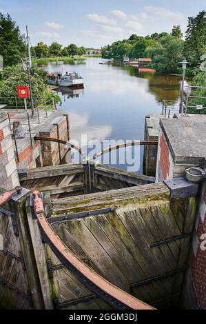 Hanseatic city of Stade, southern moat, inner city harbor, flood protection gate, portrait format Stock Photo