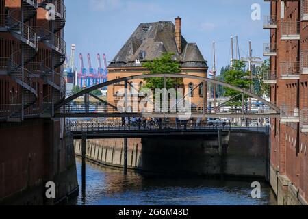 Hamburg, Germany - Warehouses in the Speicherstadt, in the back harbor police station.