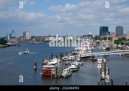 Hamburg, Germany - city view of Hamburg harbor, with Elbe promenade, Ueberseebruecke, Elbe, city center, St. Pauli, Altona, Landungsbruecken, museum ships, harbor ferries. Stock Photo