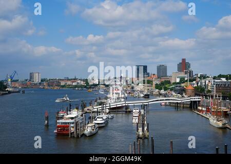 Hamburg, Germany - city view of Hamburg harbor, with Elbe promenade, Ueberseebruecke, Elbe, city center, St. Pauli, Altona, Landungsbruecken, museum ships, harbor ferries. Stock Photo