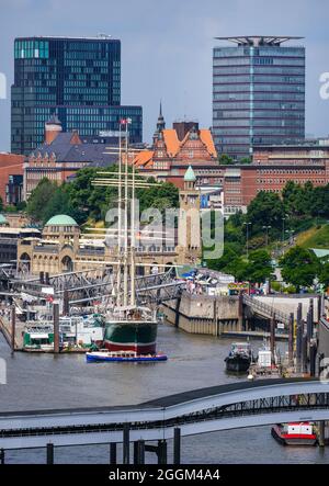 Hamburg, Germany - city view of Hamburg harbor, with Elbe promenade, level tower, Ueberseebruecke, Elbe, city center, St.Pauli, Altona, Landungsbruecken, museum ships, harbor ferries. Stock Photo