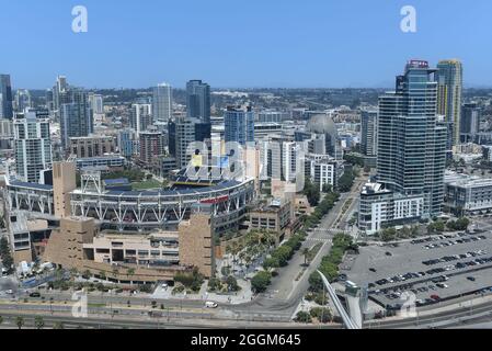 SAN DIEGO, CALIFORNIA - 25 AUG 2021: Petco Park, home of the San Diego Padres baseball team with the city skyline. Stock Photo