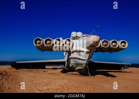 Abandoned Soviet Lun-class ekranoplan on the coast of the Caspian Sea ...