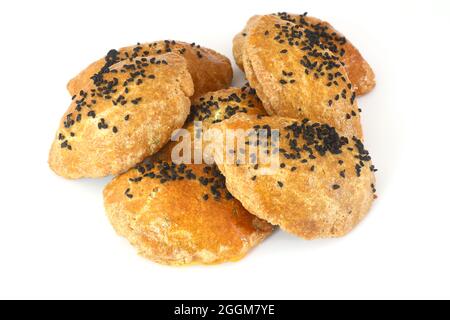 Turkish Pastry Pogaca on white background. Traditional Bakery. Stock Photo