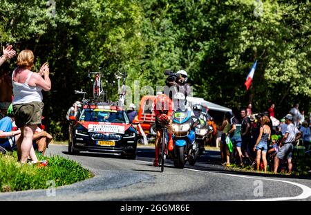Bosdarros, France - July 19, 2019: The Danish cyclist Wilco Kelderman of Team Sunweb riding during stage 13, individual time trial, of Le Tour de Fran Stock Photo