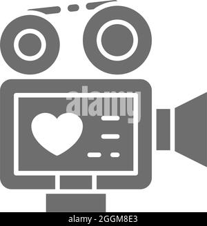 Vector movie camera with film strip, video of love story, wedding recording grey icon. Symbol and sign illustration design. Isolated on white backgrou Stock Vector