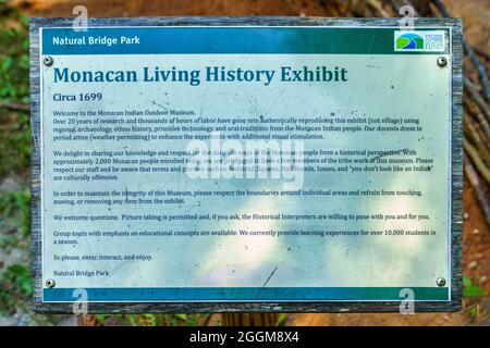 Information sign for the Monacan Living History Exhibit at Natural Bridge State Park in Virginia. Stock Photo