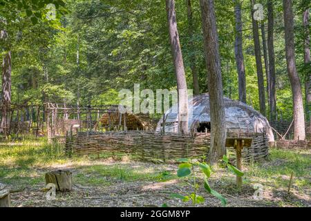 Recreated Native American village in the Monacan Living History Exhibit at Natural Bridge State Park in Virginia. Stock Photo