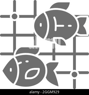 Fish in fishing nets grey icon. Isolated on white background Stock Vector