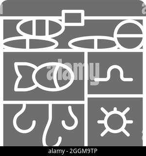 Fishing tackle box, hooks, baits grey icon. Stock Vector