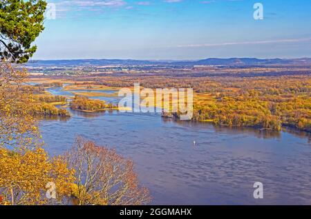 The Upper Mississippi Bayou in Fall Colors in Great River Bluffs State Park in Minnesota Stock Photo