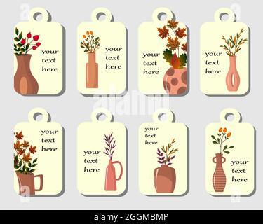 Set of tags with clay vases and autumn leaves. Vector illustration.  Stock Vector
