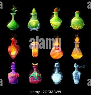 Bottle with magic elixir and green smoke. Cartoon animation stages of ...