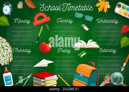 Education timetable with school stationery, schoolbag, textbooks and autumn leaves. Vector class schedule template with cartoon learning items. Kids t Stock Vector