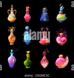 Cartoon potion bottles. Love elixir, magic spell or poison in glass bubble. Witch, sorcerer or wizard potion, fairy drink, flask with mysterious, glow Stock Vector