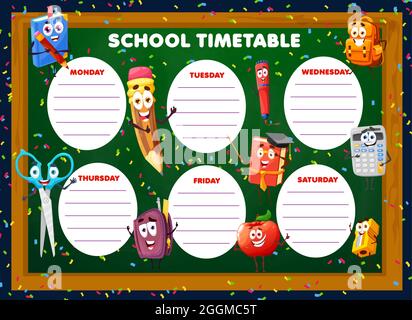 Education timetable schedule with cartoon school stationery characters. Vector weekly classes planner with funny schoolbag, textbook and pencil learni Stock Vector