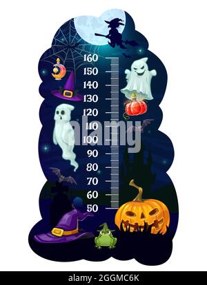 Kids height chart Halloween monsters growth measure meter. Cartoon vector wall sticker with wizard hat, ghosts, witch on broom and pumpkin with bat or Stock Vector