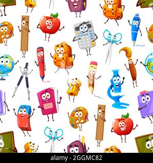 Cartoon funny school supply and stationery seamless pattern. Vector background with apple, ruler, textbook and eraser, palette, scissors and backpack Stock Vector