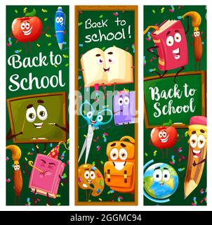 Back to school banners with cartoon education characters and blackboard background. Vector vertical cards with funny learning stuff personages backpac Stock Vector