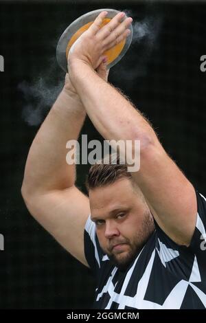 Brussels, Belgium. 1st Sep, 2021. Daniel Stahl of Sweden reacts during the Discus Throw Men of the Wanda Diamond League Brussels, in the Bois de la Cambre in Brussels, Belgium, Sept. 1, 2021. Credit: Zheng Huansong/Xinhua/Alamy Live News Stock Photo