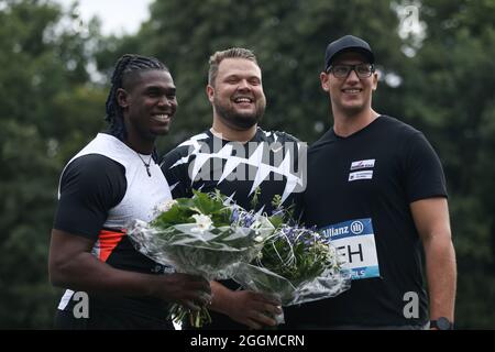 Brussels, Belgium. 1st Sep, 2021. Gold medalist Daniel Stahl (C) of Sweden, silver medalist Fedrick Dacres (L) of Jamaica and bronze medalist Kristjan Ceh of Slovenia pose for group pictures after the Discus Throw Men of the Wanda Diamond League Brussels, in the Bois de la Cambre in Brussels, Belgium, Sept. 1, 2021. Credit: Zheng Huansong/Xinhua/Alamy Live News Stock Photo