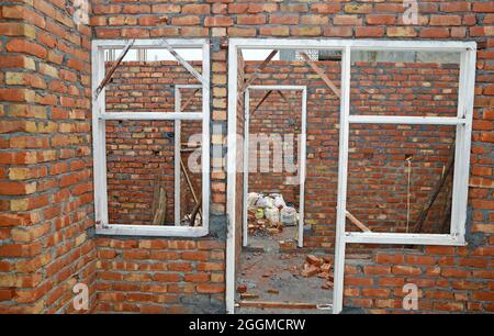 Red brick house under construction Stock Photo