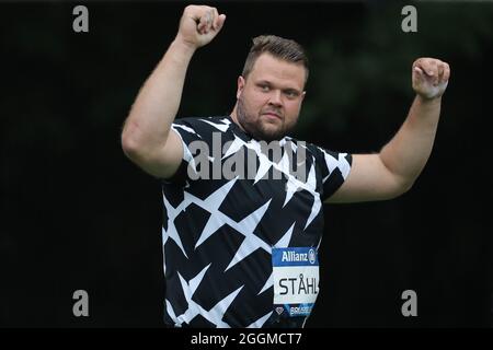 Brussels, Belgium. 1st Sep, 2021. Daniel Stahl of Sweden reacts during the Discus Throw Men of the Wanda Diamond League Brussels, in the Bois de la Cambre in Brussels, Belgium, Sept. 1, 2021. Credit: Zheng Huansong/Xinhua/Alamy Live News Stock Photo