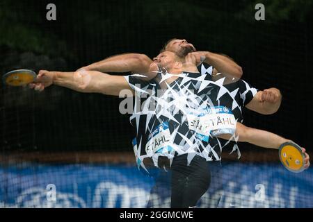 Brussels. 1st Sep, 2021. This multiple-exposure photo taken on Sept. 1, 2021 shows Daniel Stahl of Sweden during the Discus Throw Men of the Wanda Diamond League Brussels, in the Bois de la Cambre in Brussels, Belgium. Credit: Zheng Huansong/Xinhua/Alamy Live News Stock Photo