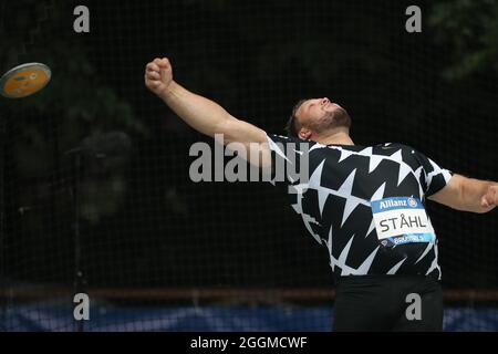 Brussels, Belgium. 1st Sep, 2021. Daniel Stahl of Sweden competes during the Discus Throw Men of the Wanda Diamond League Brussels, in the Bois de la Cambre in Brussels, Belgium, Sept. 1, 2021. Credit: Zheng Huansong/Xinhua/Alamy Live News Stock Photo
