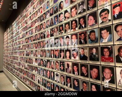 New York, USA. 26th Aug, 2021. Photos of victims of the September 11 attacks hang in the memorial room of the 9/11 Museum. (to dpa '20 years of 9/11: terrorist attacks in the USA') Credit: Johannes Schmitt-Tegge/dpa/Alamy Live News Stock Photo