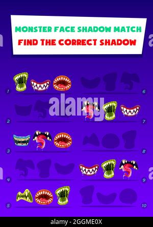 Monster face shadow match kids game with creepy mouths. Find correct shadow children logic activity. Preschool kindergarten education with halloween c Stock Vector