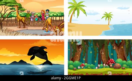 Four different nature horizontal scene illustration Stock Vector