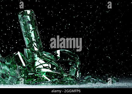 3d render of a broken green beer a bottle with many fragments flying in different directions   on a black background. Stock Photo