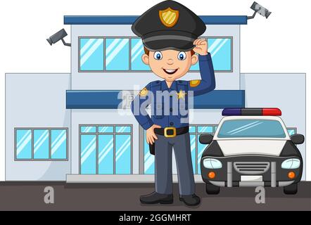 Cartoon policeman standing in city police department building Stock Vector