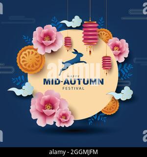 happy Mid Autumn Festival Greeting illustration in traditional Chinese art design with lantern, flowers and moon. Stock Vector