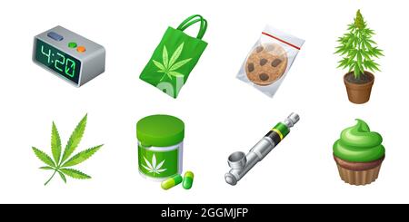 Set of cannabis production and equipment, bag with marijuana leaf, cookie in plastic pack, vaporizer or smoking tube, pills bottle, timer, plant in pot, cupcake. Cbd products, Cartoon vector 3d icons Stock Vector