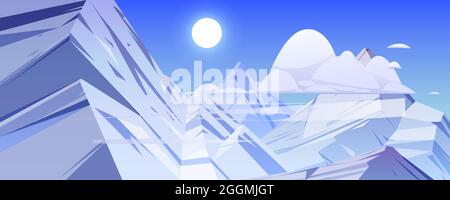 Mountains landscape with rocks and ice peaks. Vector cartoon nature scene with mountains tops covered by white snow, clouds and sun in blue sky. Illustration of high rock range Stock Vector