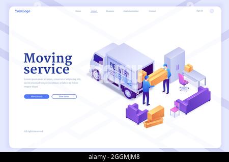 Moving service banner with workers unload van with furniture and boxes. Vector landing page of delivery company with isometric illustration of men carry freight. Concept of relocation, house moving Stock Vector