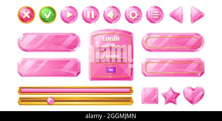 Pink diamond buttons for user interface design in game, video player or website. Vector cartoon set of crystal ui elements in golden frame, check and cross marks, shaped buttons and login frame Stock Vector