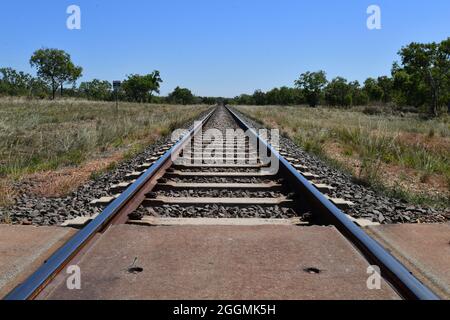 A view of Darwin Railway line, passing through the old historic mining township of Burrundie, Northern Territory, Australia. Stock Photo