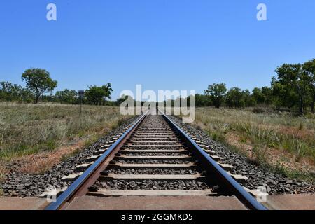 A view of Darwin Railway line, passing through the old historic mining township of Burrundie, Northern Territory, Australia. Stock Photo