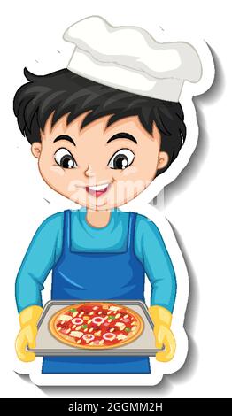 Sticker design with chef boy holding pizza tray illustration Stock Vector