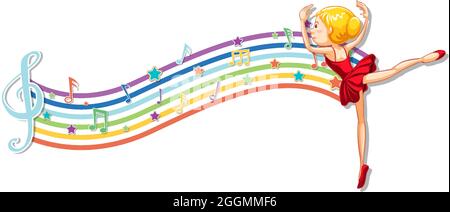 Ballerina with melody symbols on rainbow wave illustration Stock Vector ...