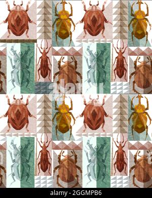 Seamless light pattern with geometric insects in rectangle mosaic. Vector retro texture with geometrical stag beetle, ant, ladybug and triangle orname Stock Vector