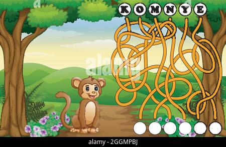 Game monkey maze find way to the word Stock Vector