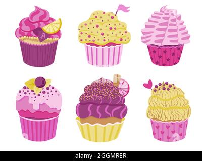 Set of cute little cupcakes with cream and berries. Delicious dessert with different decor. Pink and purple sprinkles muffins collection. Vector Stock Vector