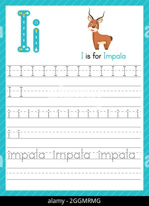 Trace letter I uppercase and lowercase. Alphabet tracing practice preschool worksheet for kids learning English with cute cartoon animal. Activity pag Stock Vector