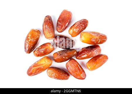 Date palm fruits on white background, Top view Stock Photo