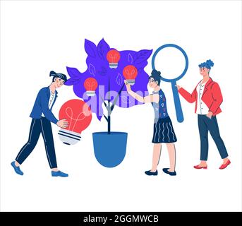 Searching creative innovative business idea concept. Ideas generation and finding solutions. Business people brainstorming, flat cartoon vector illust Stock Vector
