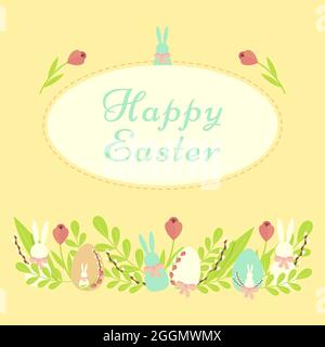 Festive happy Easter card with the inscription, decorated with doodles, egg, rabbit, on a yellow background Stock Vector